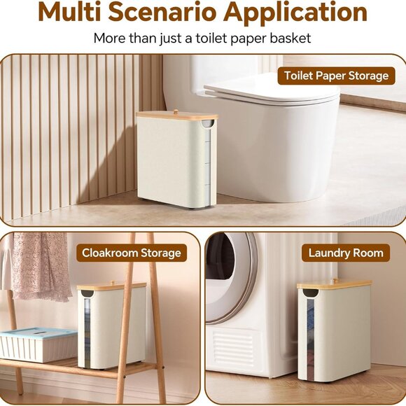 Toilet Paper Storage w/Bamboo Lid, 33.8L Foldable Toilet Paper Basket Organizer - Picture 3 of 7